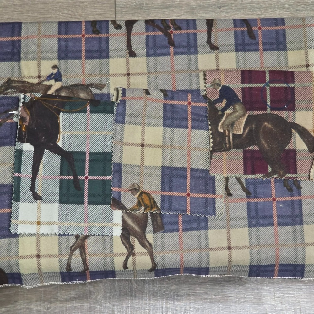 Clarence House Fabric Sample Jockey Club Blue/Beige Equestrian Horses 28x36